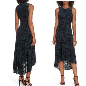 Vince Camuto Burnout Green Navy Velvet Highlow Dress sleeveless cocktail party